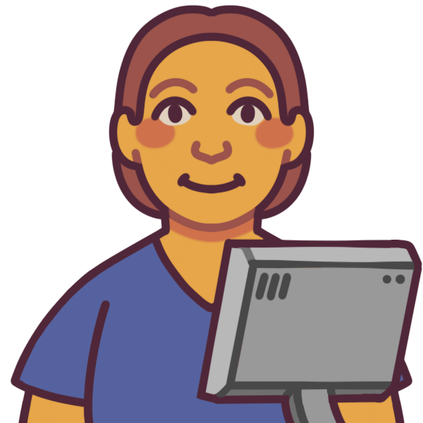 a person wearing blue scrubs, with a grey computer.